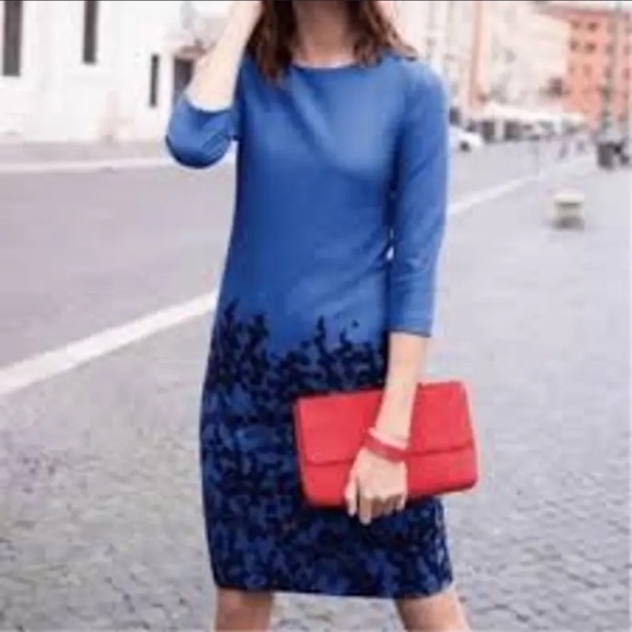 Boden Sheath Dress Stretch Ponte Fabric Blue Black Print 3/4 Sleeve Zip Back - Picture 3 of 16